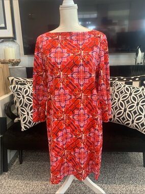 HERMES Women’s Red & Pink Patterned Shift Dress. Size 44. Never worn